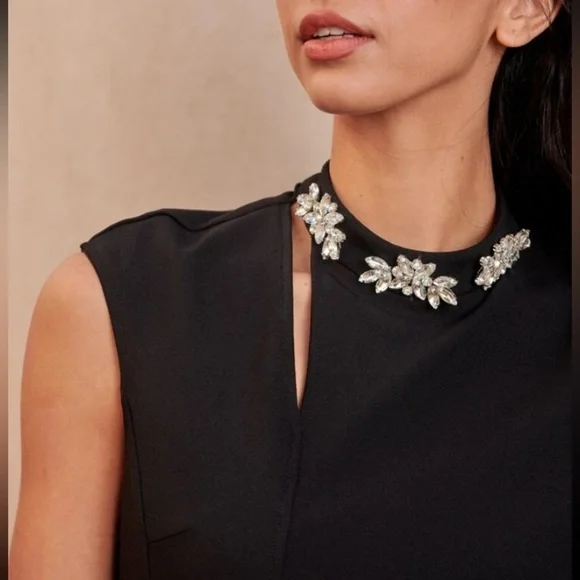 Black A line formal high neck dress with cap sleeves and crystal neckline​ - Picture 3 of 10